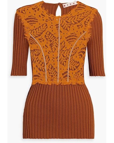 Marni Corded Lace-paneled Ribbed-knit Top - Orange