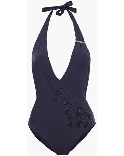 La Perla Cutout Embroidered Halterneck Swimsuit - Blue