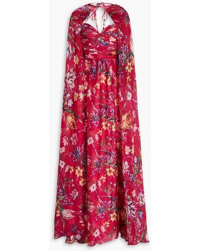 Marchesa Cape-effect Floral-print Charmeuse Gown - Red