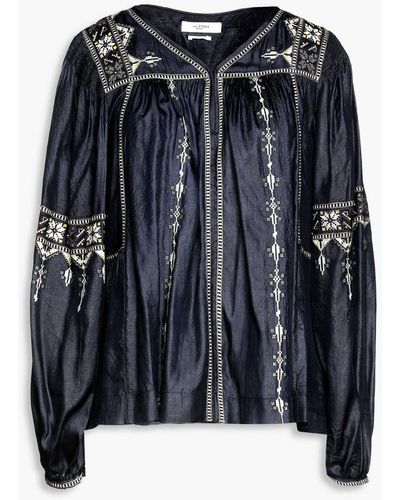 Isabel Marant Tosca Gathered Embroidered Silk Blouse - Grey