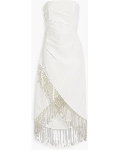 Marchesa Strapless Fringed Crepe Dress - White