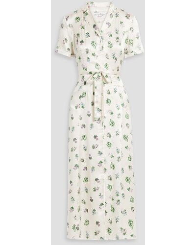 HVN Maria Floral-print Silk-satin Midi Shirt Dress - White