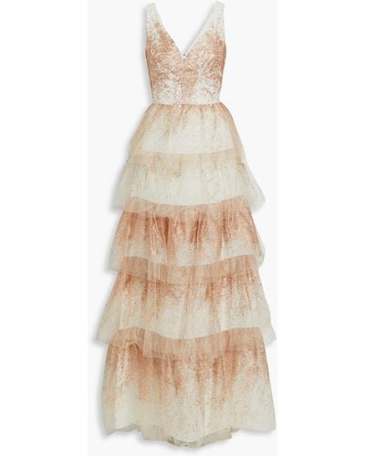 Marchesa Tiered Glittered Tulle Gown - White