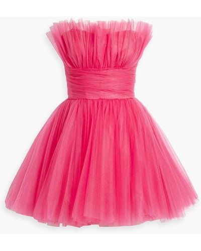 Monique Lhuillier Strapless Gathered Tulle Mini Dress - Pink