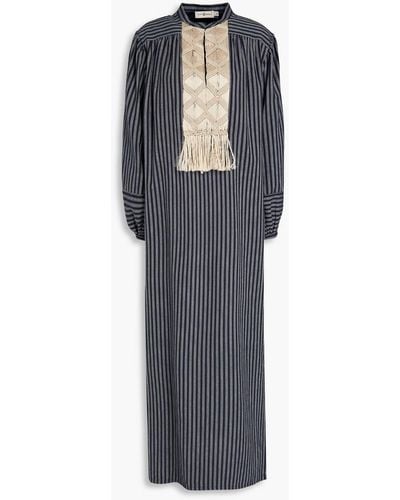 Tory Burch Pompom-embellished Striped Cotton Macramé Kaftan - Blue