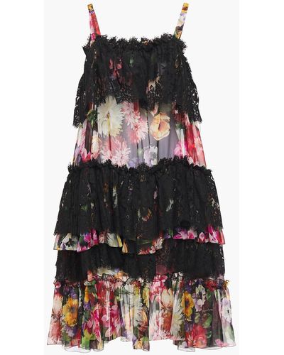 Dolce & Gabbana Tiered Floral-print Silk-blend Voile And Lace Dress - Black