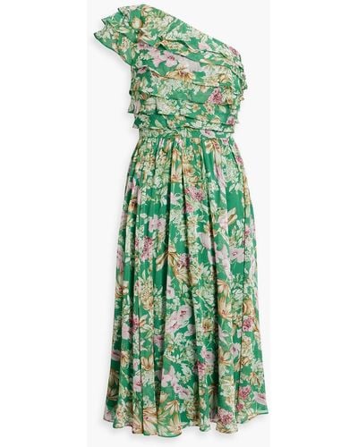 Mikael Aghal One-shoulder Layered Floral-print Georgette Midi Dress - Green
