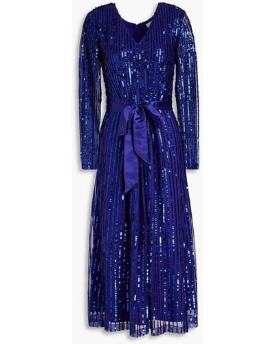 Raishma Belted Sequined Tulle Midi Dress - Blue