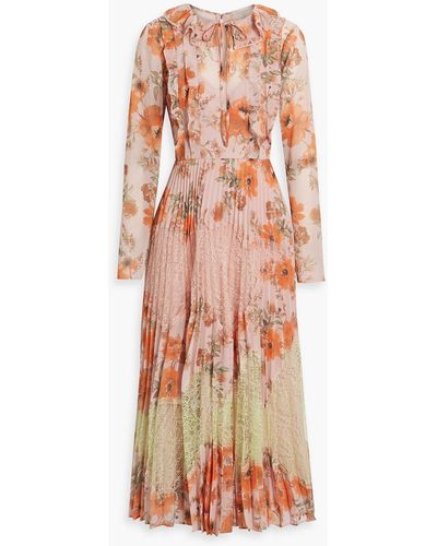 Mikael Aghal Corded Lace-paneled Floral-print Crepe De Chine Midi Dress - Pink