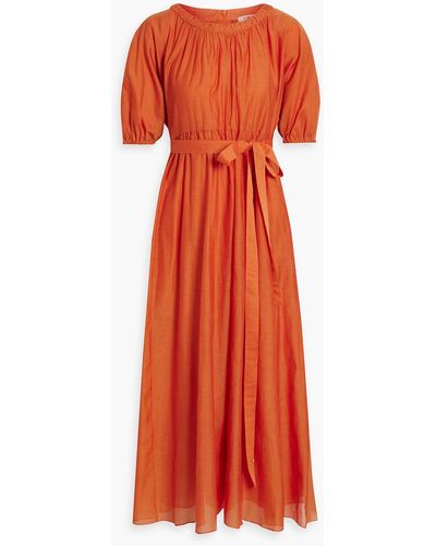 Max Mara Belted Gathered Cotton And Silk-blend Midi Dress - Orange