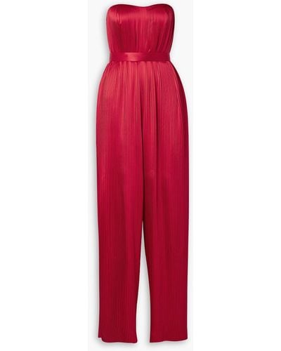 SemSem Strapless Belted Plissé Silk-satin Jumpsuit - Red