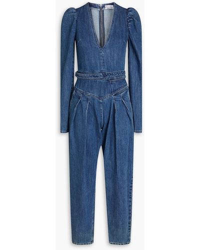 RED Valentino Belted Pleated Denim Jumpsuit - Blue