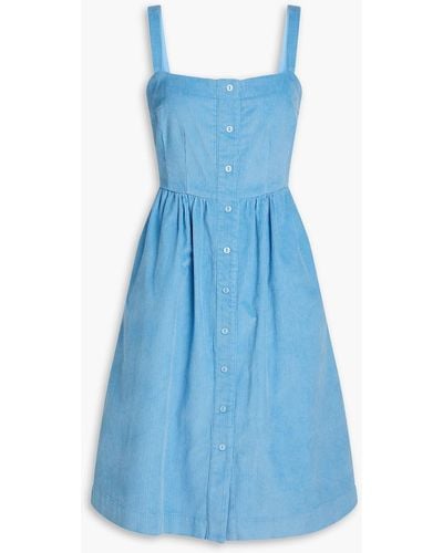 HVN Laura Button-embellished Cotton-corduroy Midi Dress - Blue