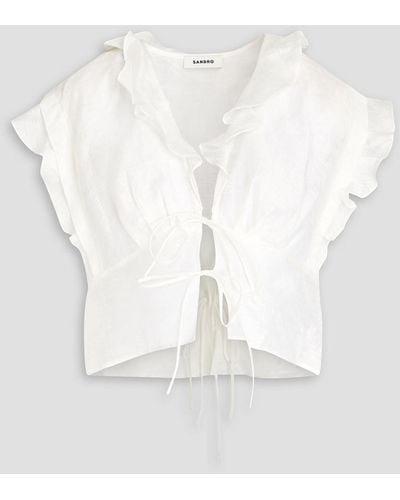 Sandro Cropped Ruffled Linen-blend Gauze Blouse - White