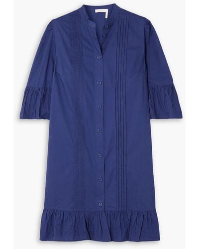 See By Chloé Ruffled Pintucked Cotton-poplin Mini Dress - Blue