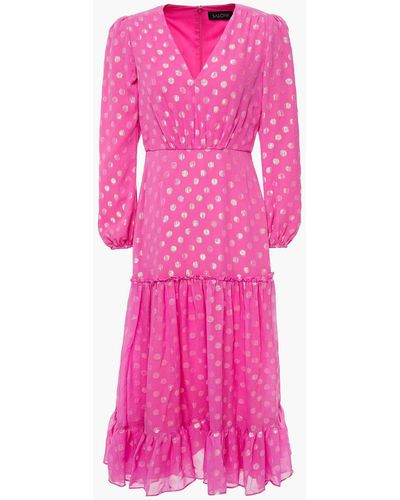 Saloni Devon Gathered Fil Coupé Silk-chiffon Midi Dress - Pink
