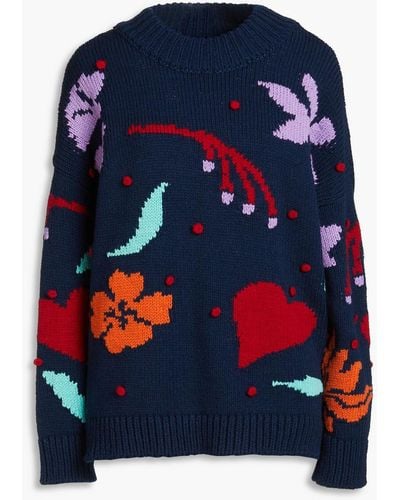 Hayley Menzies Wyoming Oversized Pompom-embellished Intarsia-knit Wool-blend Sweater - Blue