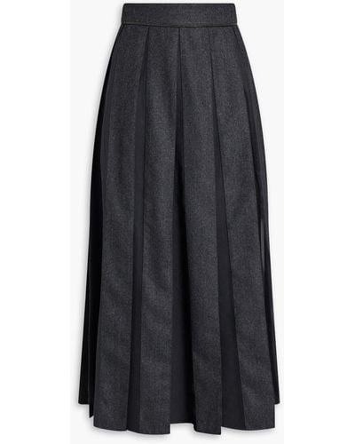 Brunello Cucinelli Pleated Silk-paneled Wool-flannel Midi Skirt - Black