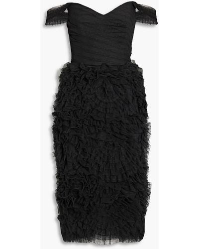 Marchesa Off-the-shoulder Ruffled Swiss-dot Tulle Midi Dress - Black