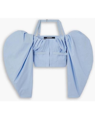 Jacquemus Taffetas Cropped Cold-shoulder Cotton-blend Top - Blue
