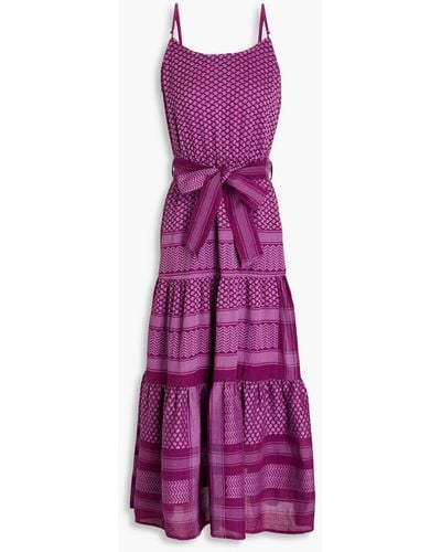 Summery Copenhagen Rose Belted Gathered Cotton-jacquard Midi Dress - Purple