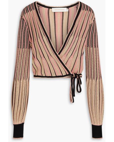 Zimmermann Cropped Striped Pointelle-knit Cotton-blend Wrap Cardigan - Natural