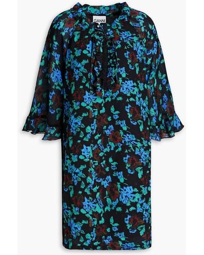 Ganni Ruffle-trimmed Floral-print Crepe Mini Dress - Blue