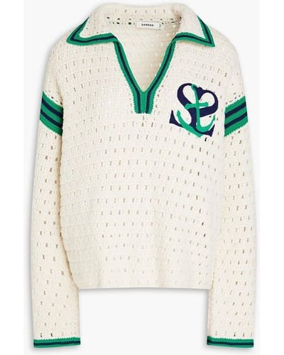 Sandro Nicolas Embroidered Crochet-knit Wool Polo Sweater - White