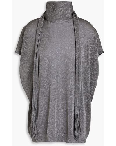 Brunello Cucinelli Fringed Metallic Stretch-knit Turtleneck Top - Grey