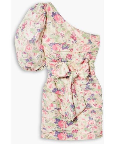 LoveShackFancy Altie One-shoulder Pleated Floral-print Satin Mini Dress - Pink