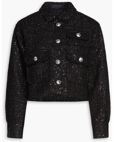 Maje Cropped Sequin-embellished Tweed Shirt - Black