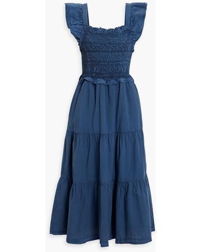 Sea Tiered Smocked Cotton Midi Dress - Blue