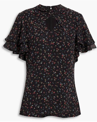 Mikael Aghal Ruched Floral-print Chiffon Blouse - Black