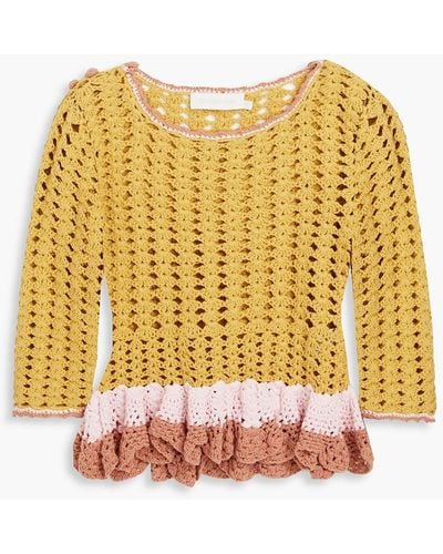 Zimmermann Ruffled Crocheted Cotton Sweater - Yellow