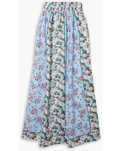 Loretta Caponi Serena Pleated Floral-print Cotton-poplin Maxi Skirt - Blue