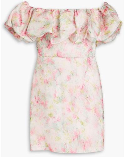 ML Monique Lhuillier Off-the-shoulder Ruffled Printed Organza Mini Dress - Pink