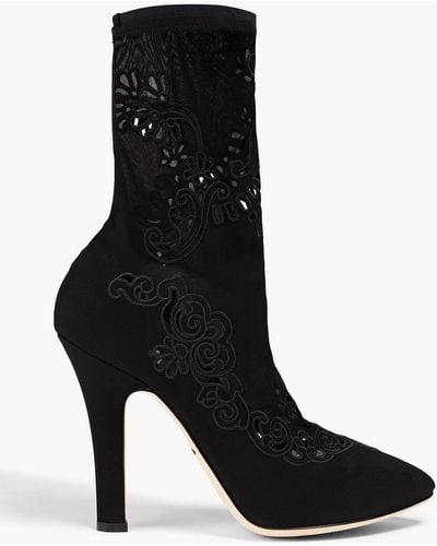 Dolce & Gabbana Broderie Anglaise-trimmed Stretch-mesh Ankle Boots - Black