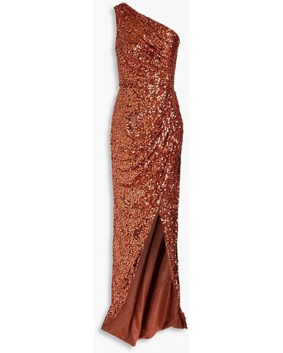 Rasario One-shoulder Draped Sequined Satin-jersey Maxi Dress - Brown