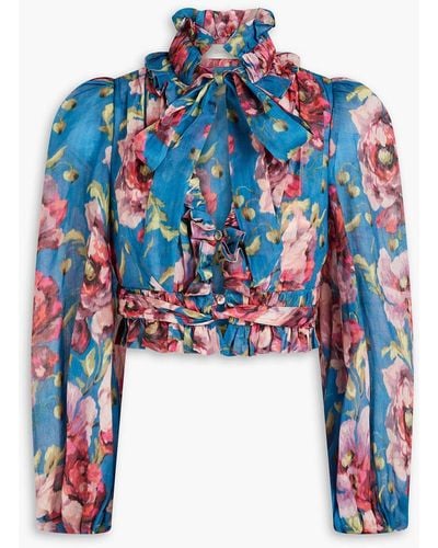 Zimmermann Cropped Pussy-bow Floral-print Ramie Blouse - Blue