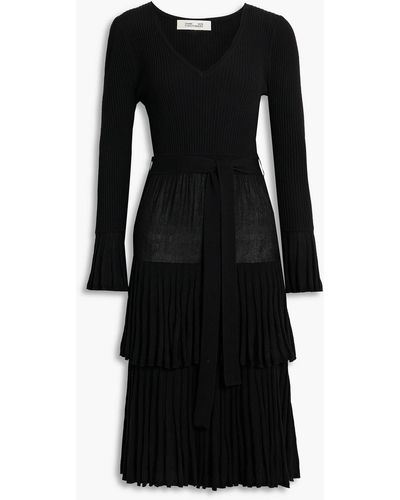 Diane von Furstenberg Jersey-paneled Tiered Ribbed Wool-blend Dress - Black