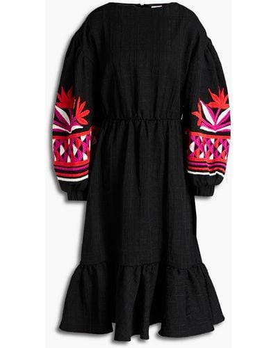 Stella Jean Embroidered Gathered Jacquard Midi Dress - Black