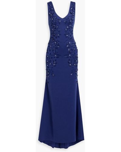 Badgley Mischka Crystal-embellished Laser-cut Scuba Gown - Blue