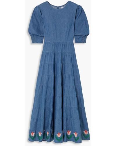 RIXO London Kristen Tiered Embroidered Cotton-chambray Maxi Dress - Blue