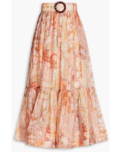 Zimmermann Belted Printed Linen And Silk-blend Gauze Midi Skirt - Pink