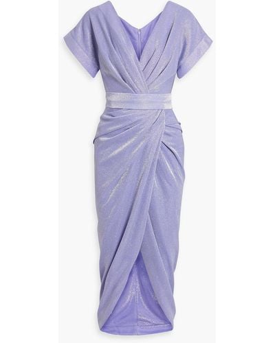 Rhea Costa Wrap-effect Draped Glittered Jersey Midi Dress - Purple