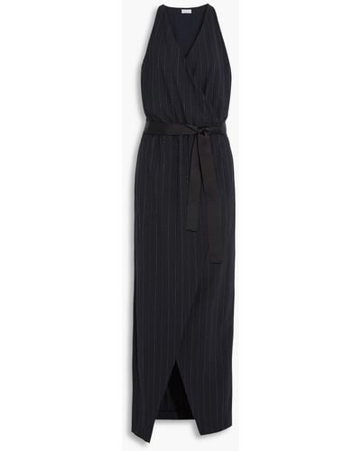 Brunello Cucinelli Wrap-effect embellished pinstriped wool-blend crepe maxi dress - Schwarz