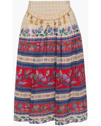 Antik Batik Christina Embellished Printed Silk Crepe De Chine Skirt - Natural