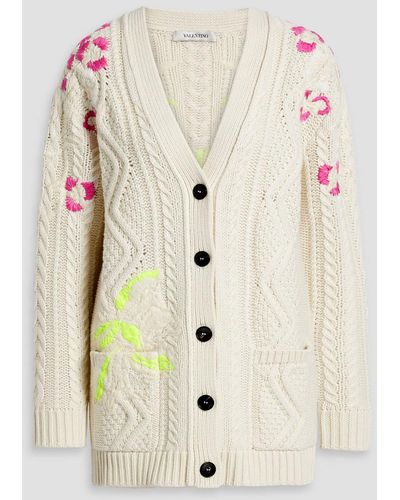 Valentino Garavani Embroidered Cable-knit Wool And Cashmere-blend Cardigan - Natural