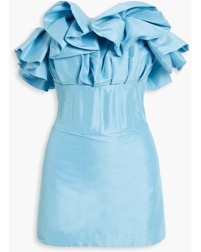 Rachel Gilbert Freida Strapless Ruffled Shantung Mini Dress - Blue