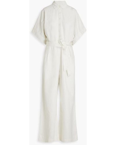 Triarchy Belted Pleated Denim Wide-leg Jumpsuit - White